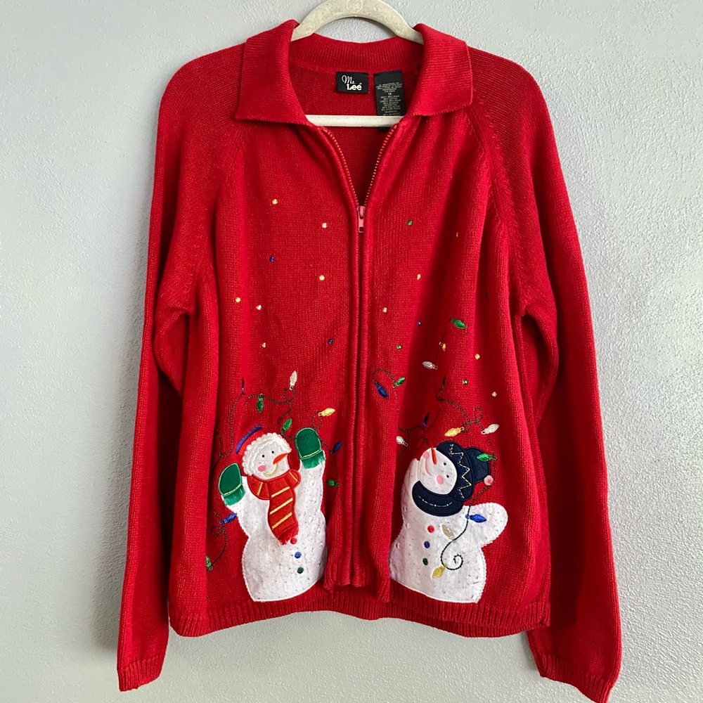 Ms. Lee Sweater Women’s Size 1X Winter Snowman Vintage Zip Up Festive Cardigan